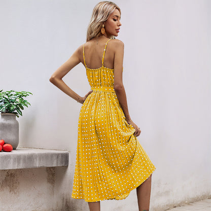 Polka Dot Pleated Midi Dress with Spaghetti Straps and Tie-Waist