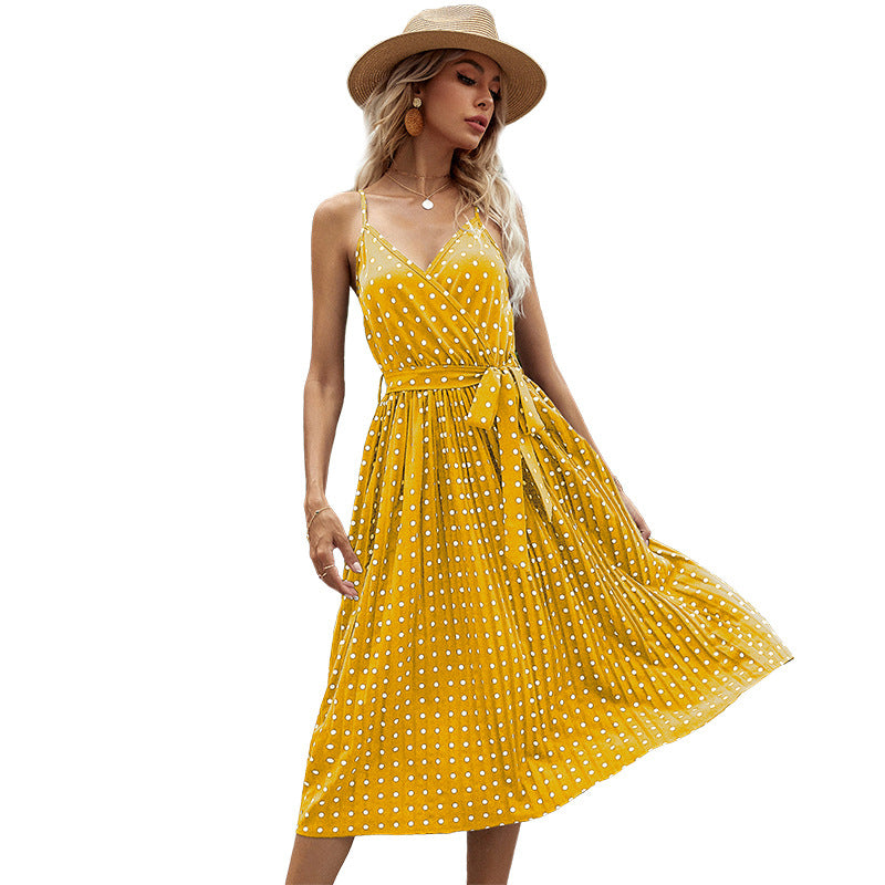 Polka Dot Pleated Midi Dress with Spaghetti Straps and Tie-Waist