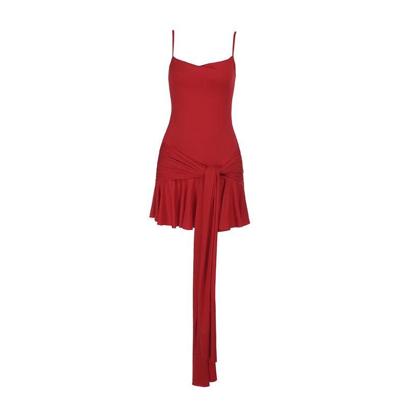 Bodycon Mini Dress with Cowl Neck and Side-Tie Ruffle Hem