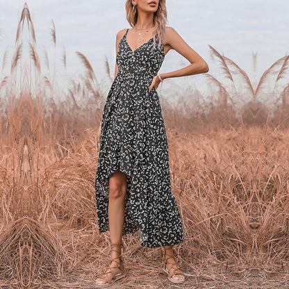 Printed High-Low Maxi Dress with V-Neck and Spaghetti Straps
