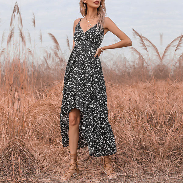 Printed High-Low Maxi Dress with V-Neck and Spaghetti Straps