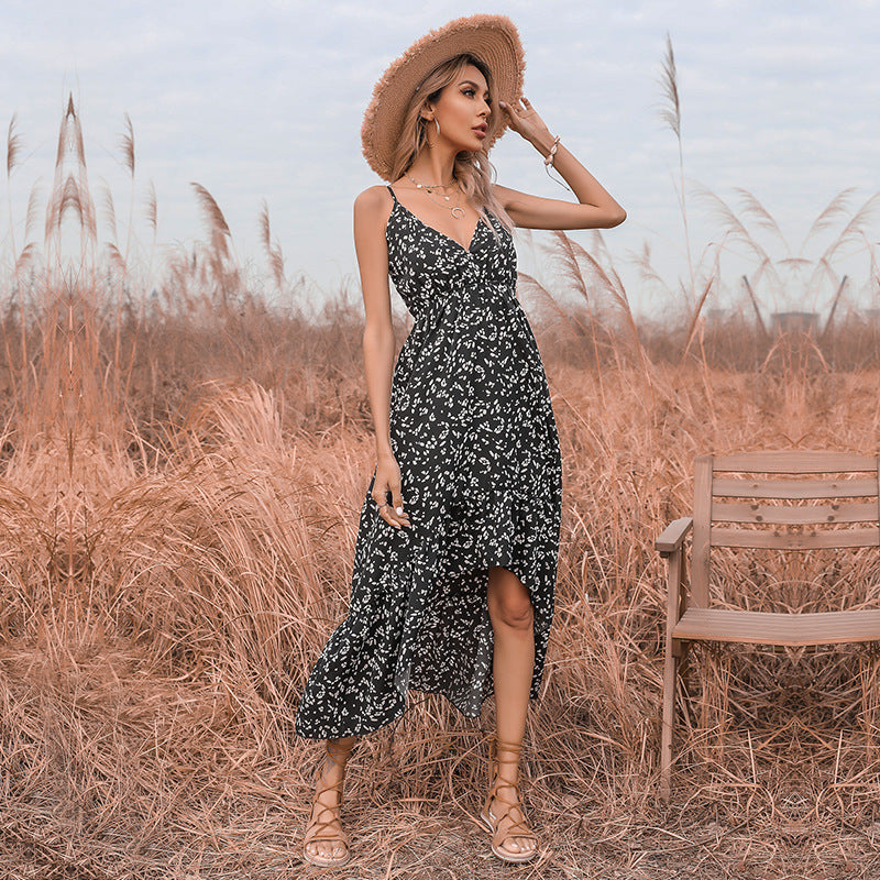 Printed High-Low Maxi Dress with V-Neck and Spaghetti Straps