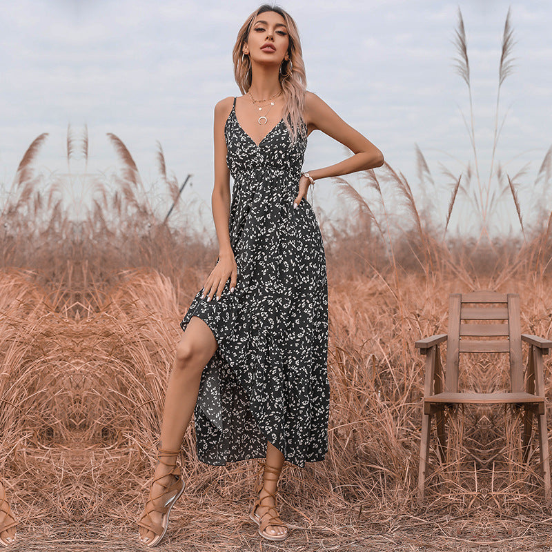 Printed High-Low Maxi Dress with V-Neck and Spaghetti Straps