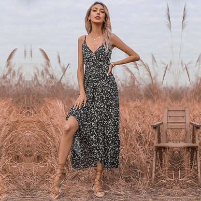 Printed High-Low Maxi Dress with V-Neck and Spaghetti Straps