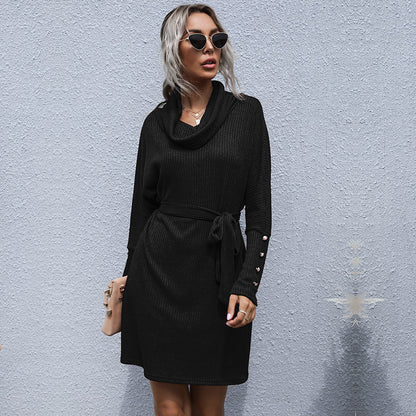 Ribbed Knit Cowl Neck Sweater Dress with Batwing Sleeves