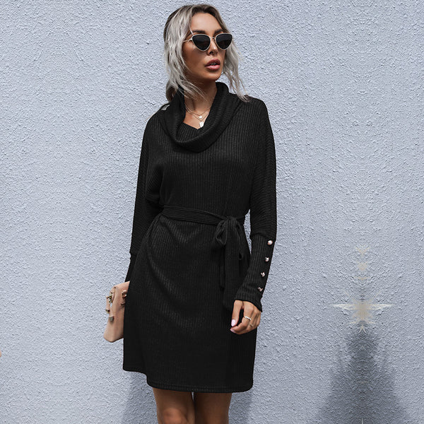 Ribbed Knit Cowl Neck Sweater Dress with Batwing Sleeves