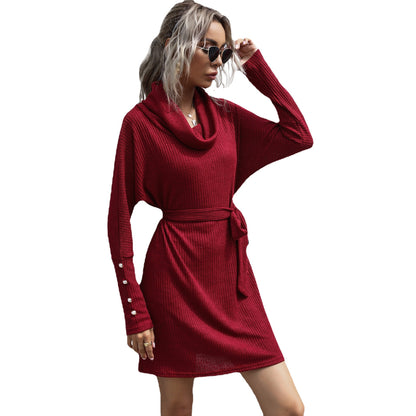 Ribbed Knit Cowl Neck Sweater Dress with Batwing Sleeves