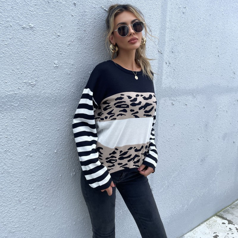 Leopard Print Colorblock Pullover with Striped Sleeves