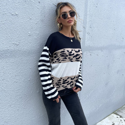 Leopard Print Colorblock Pullover with Striped Sleeves