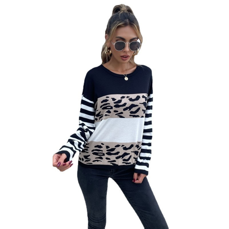 Leopard Print Colorblock Pullover with Striped Sleeves