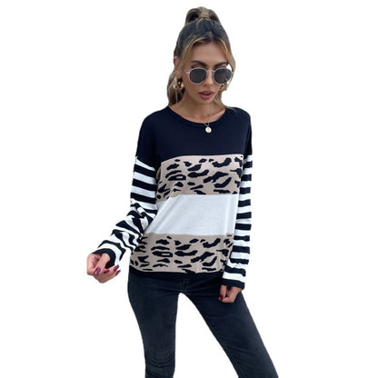 Leopard Print Colorblock Pullover with Striped Sleeves