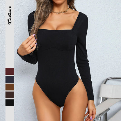Ribbed Knit Bodycon Bodysuit with Square Neck