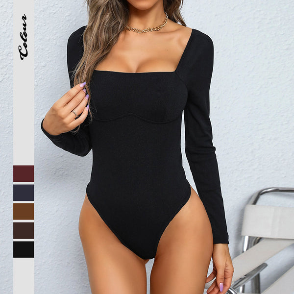Ribbed Knit Bodycon Bodysuit with Square Neck