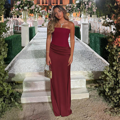 Elegant Long Sleeve Spliced Satin Dress Solid Color High Waist