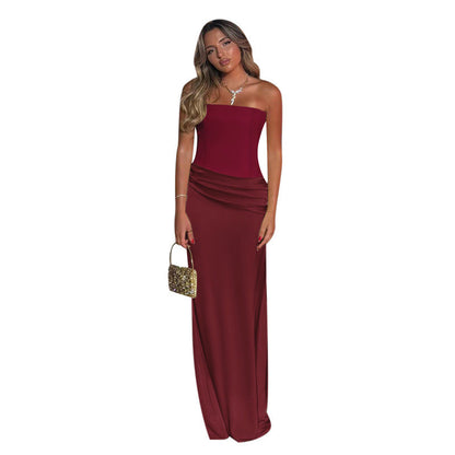 Elegant Long Sleeve Spliced Satin Dress Solid Color High Waist