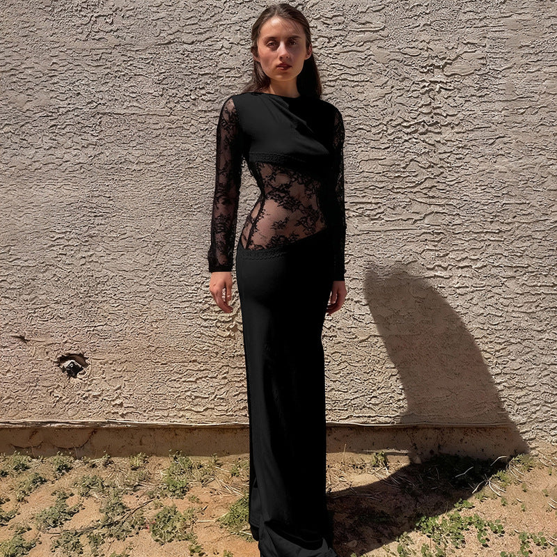 Bodycon Maxi Dress with Long Lace Sleeves and Sheer Paneling