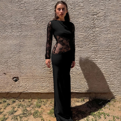 Bodycon Maxi Dress with Long Lace Sleeves and Sheer Paneling