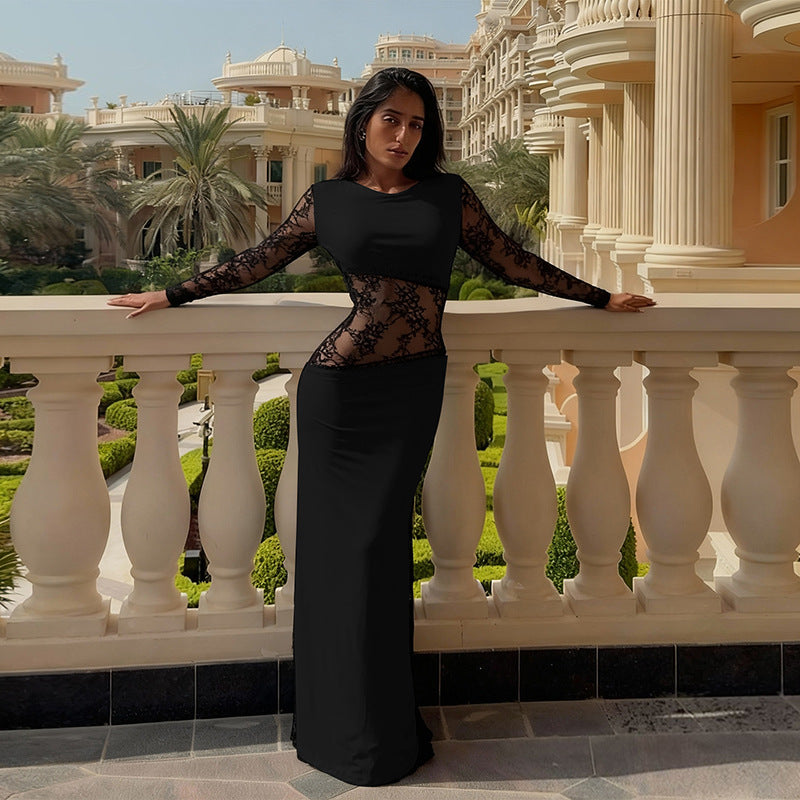 Bodycon Maxi Dress with Long Lace Sleeves and Sheer Paneling