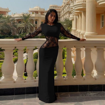 Bodycon Maxi Dress with Long Lace Sleeves and Sheer Paneling