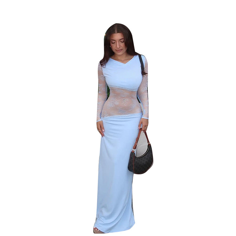 Bodycon Maxi Dress with Long Lace Sleeves and Sheer Paneling