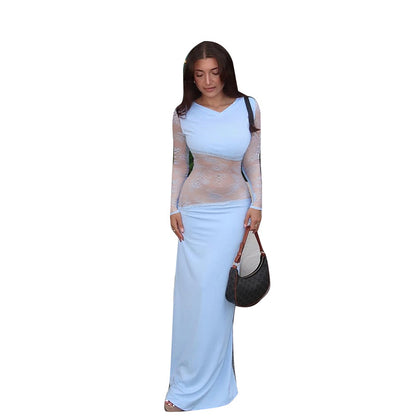 Bodycon Maxi Dress with Long Lace Sleeves and Sheer Paneling