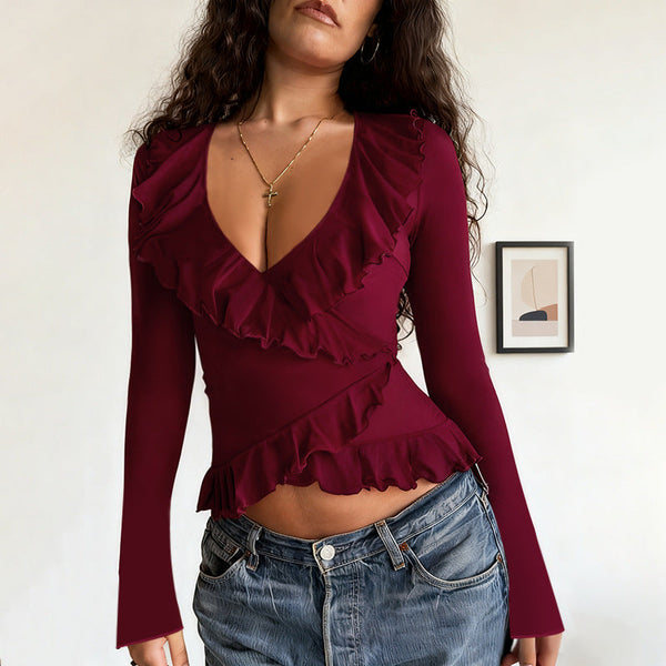 Slim Fit Ruffled Long Sleeve V-Neck Top Solid Color