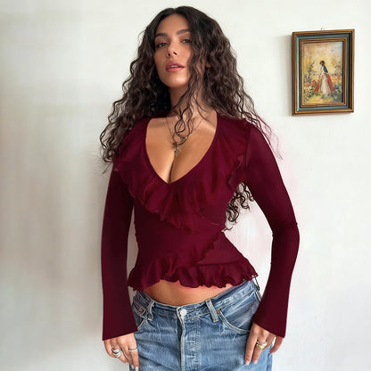 Slim Fit Ruffled Long Sleeve V-Neck Top Solid Color