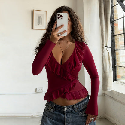 Slim Fit Ruffled Long Sleeve V-Neck Top Solid Color