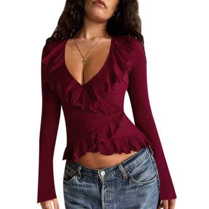 Slim Fit Ruffled Long Sleeve V-Neck Top Solid Color