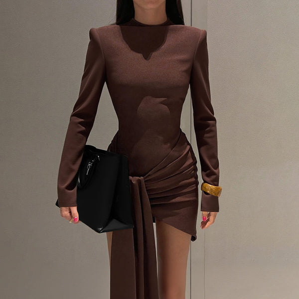 Ruched Bodycon Mini Dress with Half Turtleneck and Sash