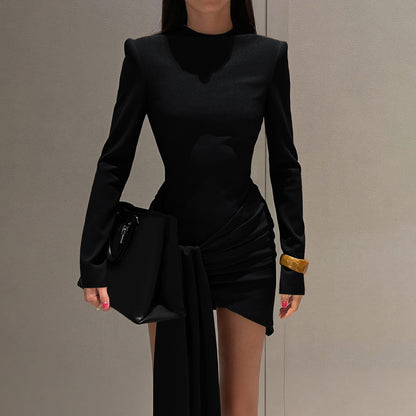 Ruched Bodycon Mini Dress with Half Turtleneck and Sash
