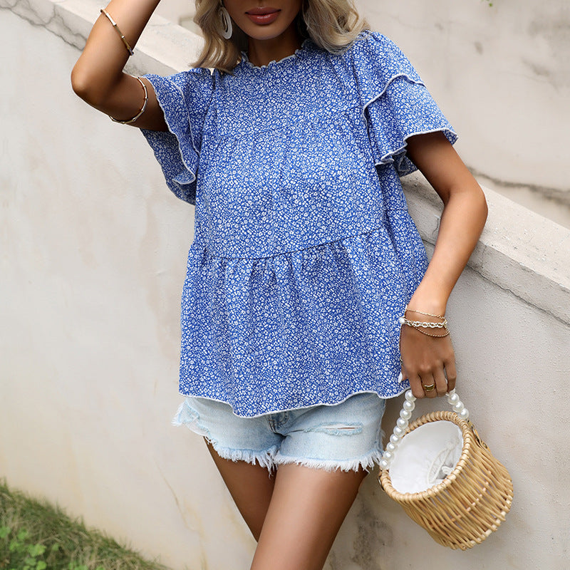 Floral Peplum Blouse with Tiered Ruffle Sleeves