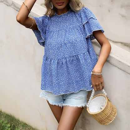 Floral Peplum Blouse with Tiered Ruffle Sleeves