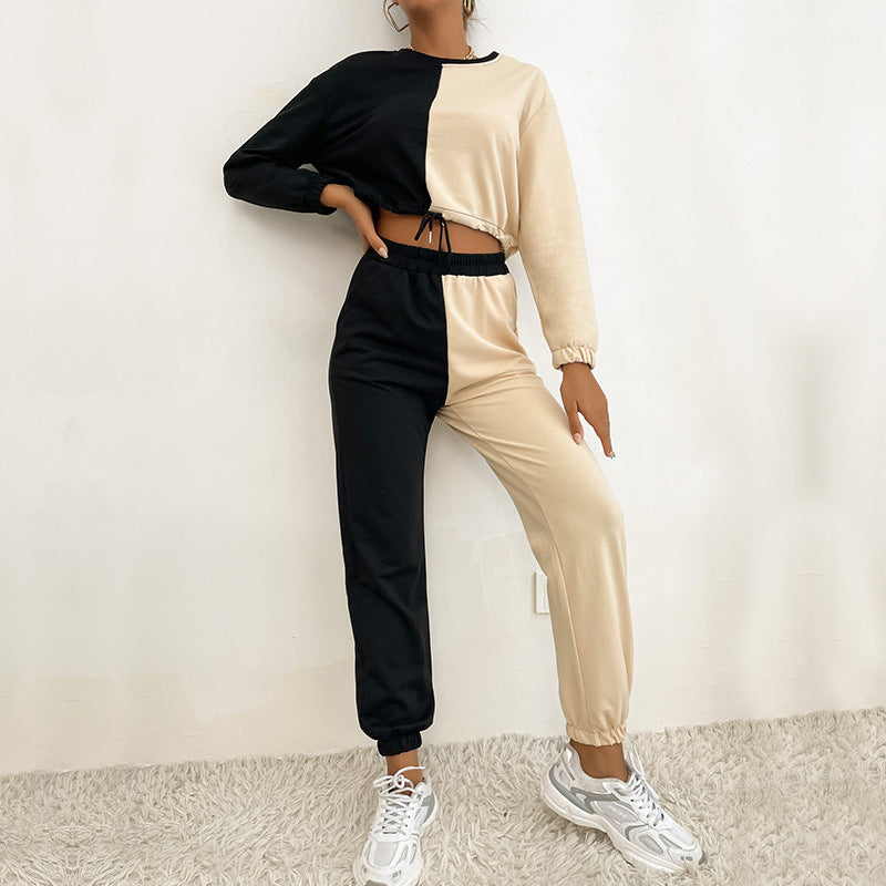 Color-Block Two-Piece Set with Cropped Sweatshirt and Joggers