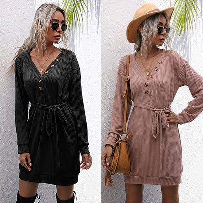 Slim-Fit Waffle Knit Mini Dress with Button Front and Tie-Waist