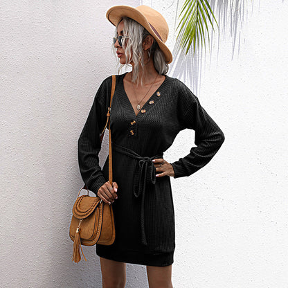 Slim-Fit Waffle Knit Mini Dress with Button Front and Tie-Waist
