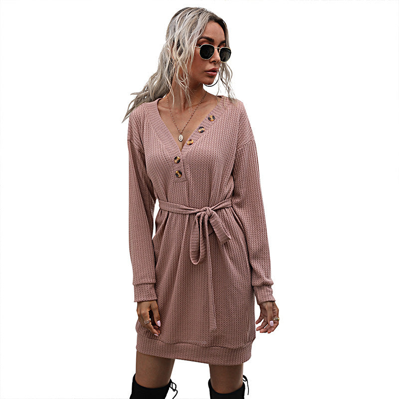 Slim-Fit Waffle Knit Mini Dress with Button Front and Tie-Waist