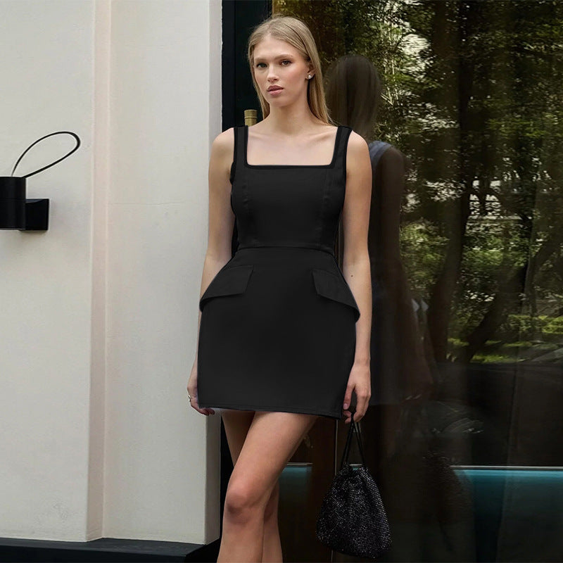 Elegant Slim Fit Square Collar Strap Dress Hip Length