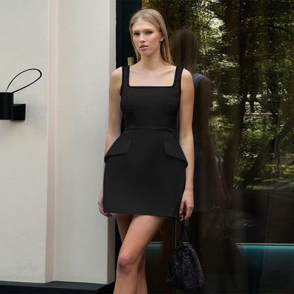Elegant Slim Fit Square Collar Strap Dress Hip Length