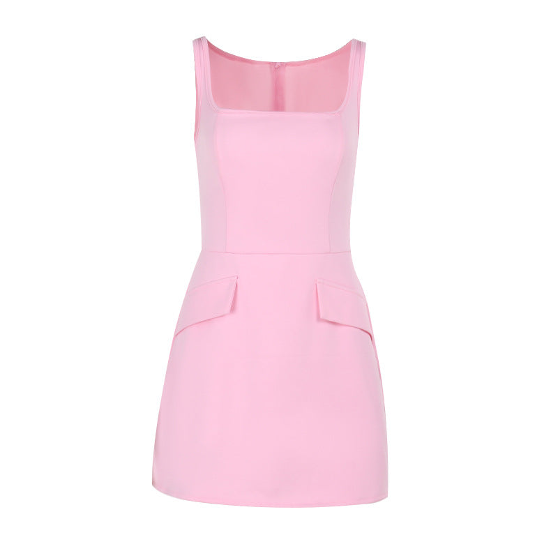 Elegant Slim Fit Square Collar Strap Dress Hip Length