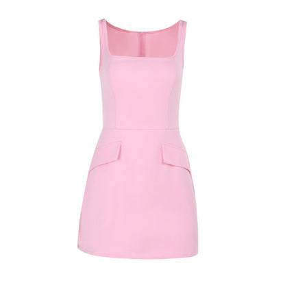 Elegant Slim Fit Square Collar Strap Dress Hip Length
