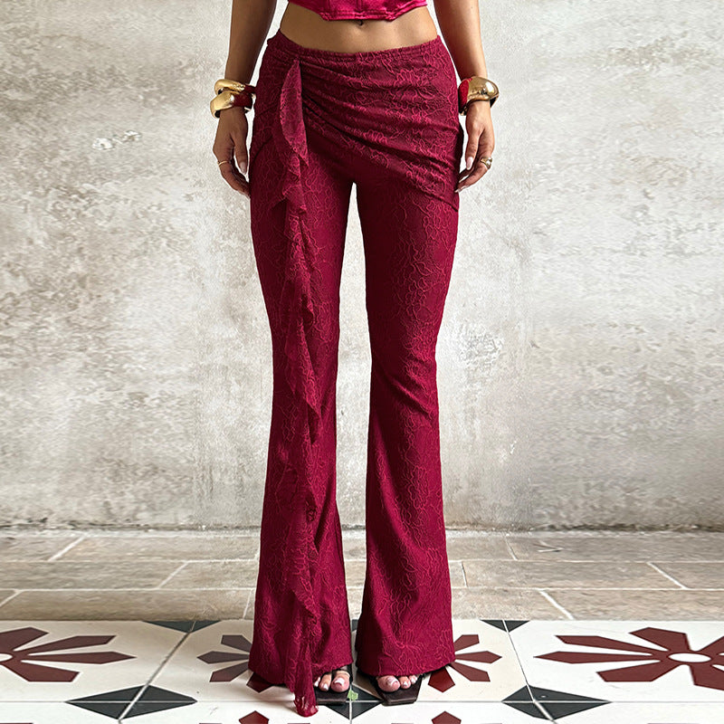 Flared Lace Pants with Cascading Ruffle Detail