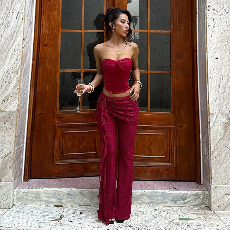 Flared Lace Pants with Cascading Ruffle Detail
