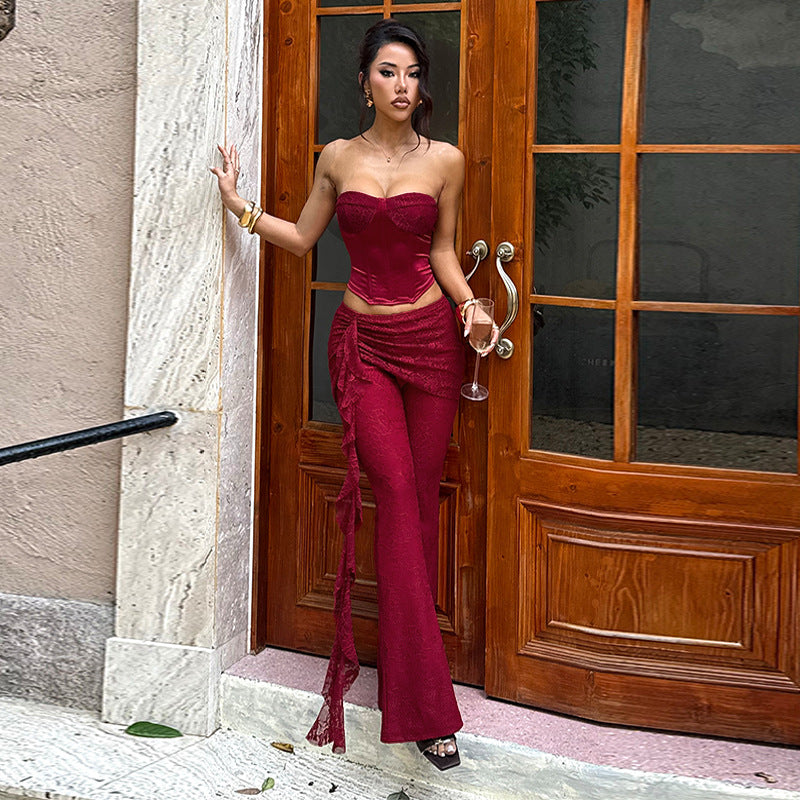 Flared Lace Pants with Cascading Ruffle Detail