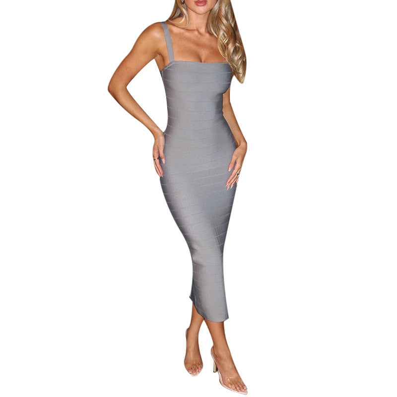 Solid Bandage Bodycon Midi Dress with Square Neckline