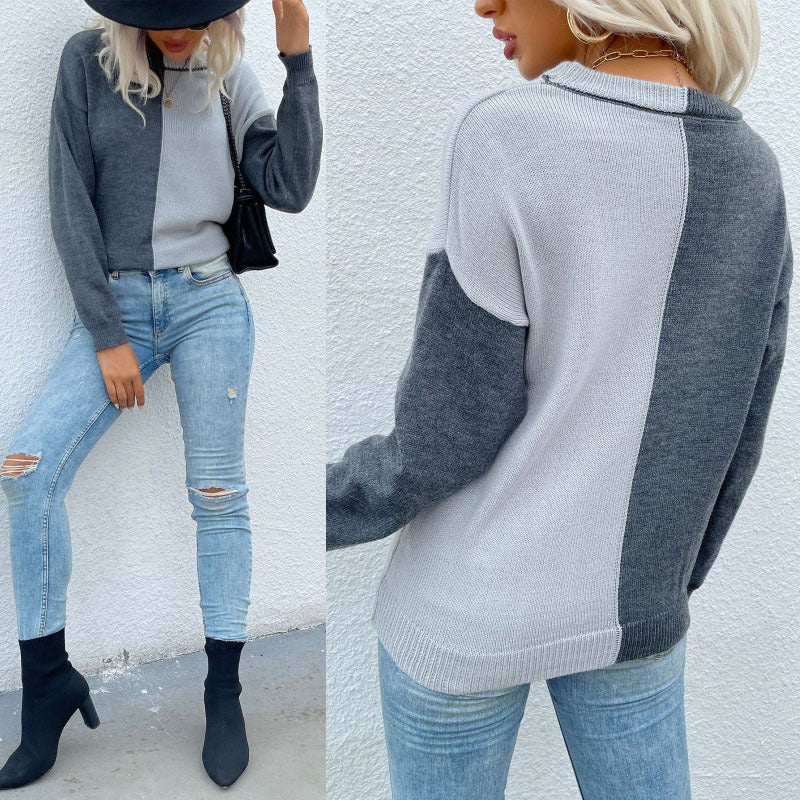 Loose Color-Block Knit Pullover with Crewneck