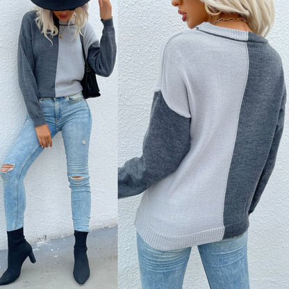 Loose Color-Block Knit Pullover with Crewneck