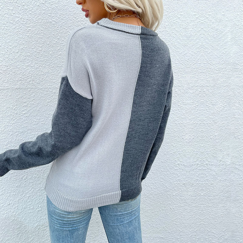 Loose Color-Block Knit Pullover with Crewneck