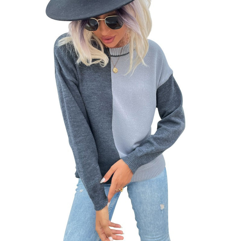 Loose Color-Block Knit Pullover with Crewneck