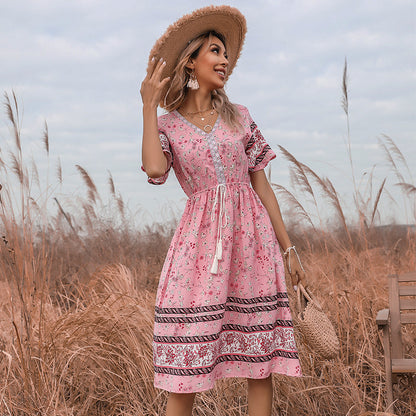 Floral A-Line Midi Dress with V-Neck and Horn Sleeves